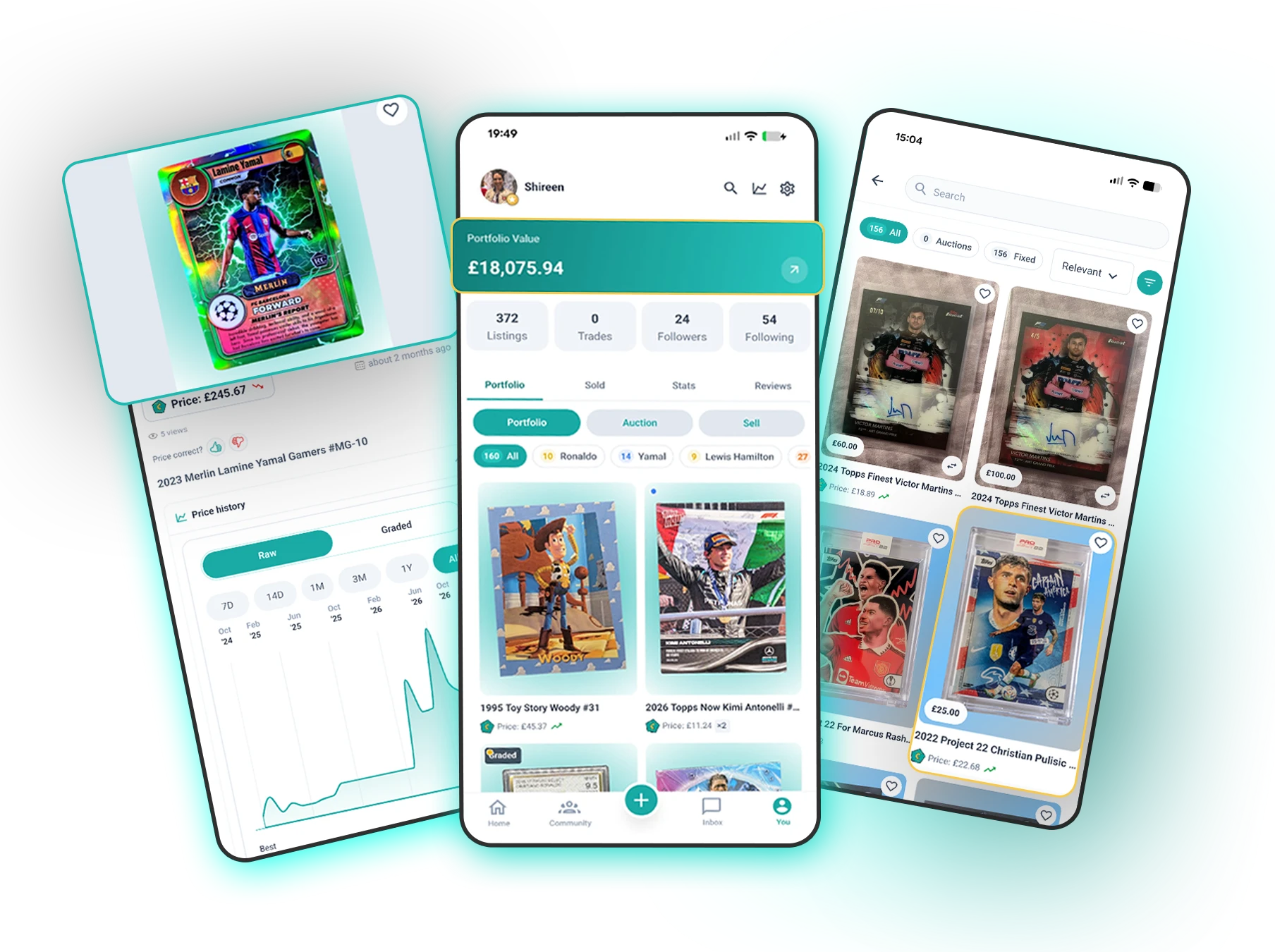 CHAAMO app showing portfolio, marketplace and price history